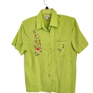 AKC Top Womens Medium Green Linen Blend Embroidered Shirt Blouse